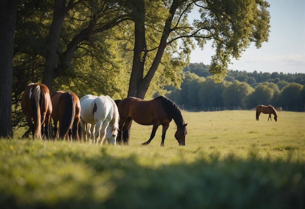 A herd of horses grazing in a field during horse turnout