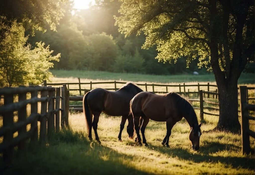 Two horses grazing in a field at sunset