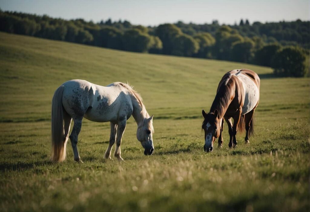 White and brown horse grazing in open field during turnout