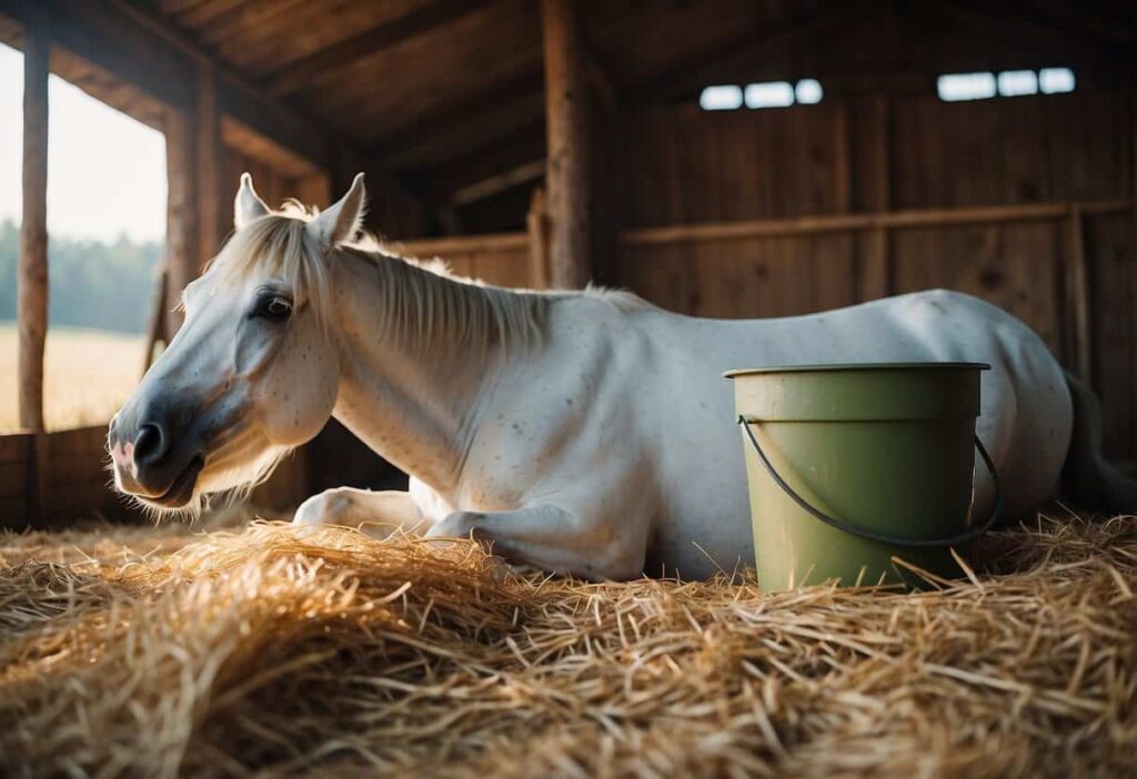 White horse enjoying straw bedding