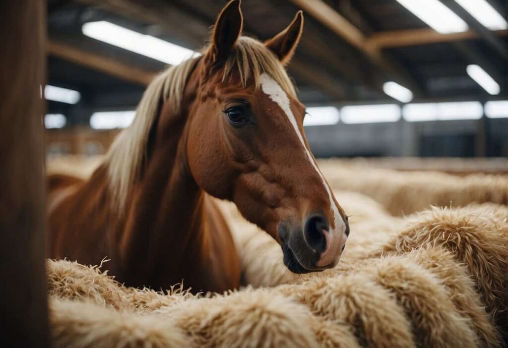 Brown horse close up resting in straw