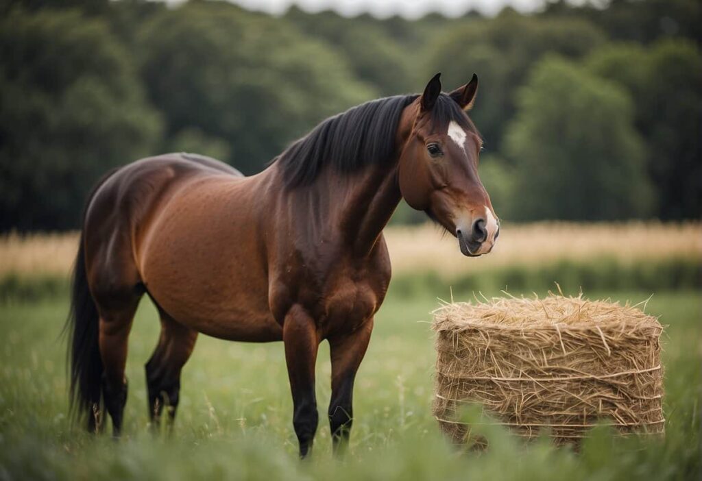 Brown horse in a lush green field near a hay bale