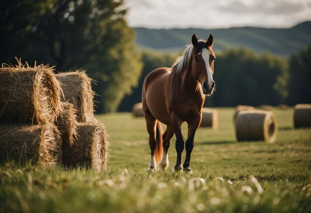 Brown horse in lush green grass field near hay bale