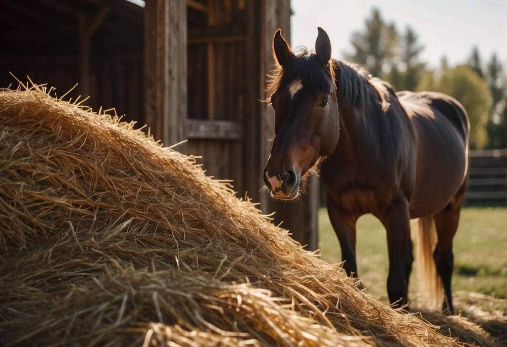 Brown horse walking close to hay provided in barn for food