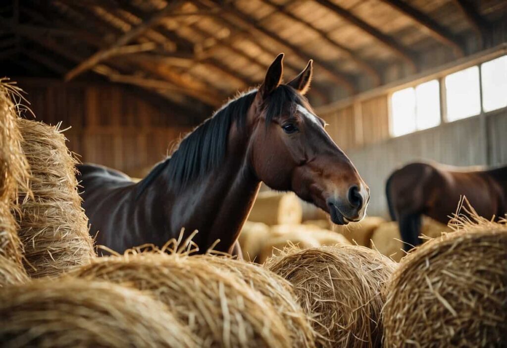 Brown horses in barn near bales of hay