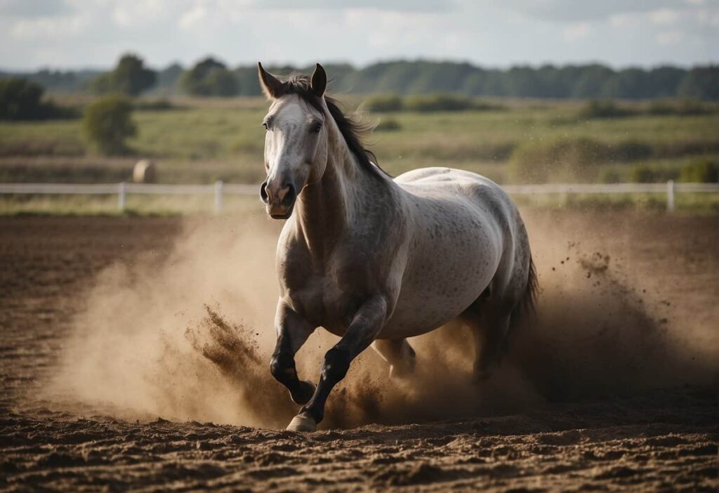 White horse in pen rolling in dirt