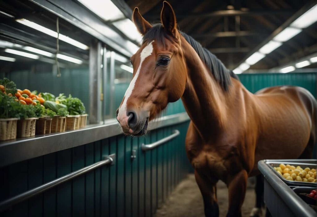 Horse in industrial barn surrounded by vegetables and feed