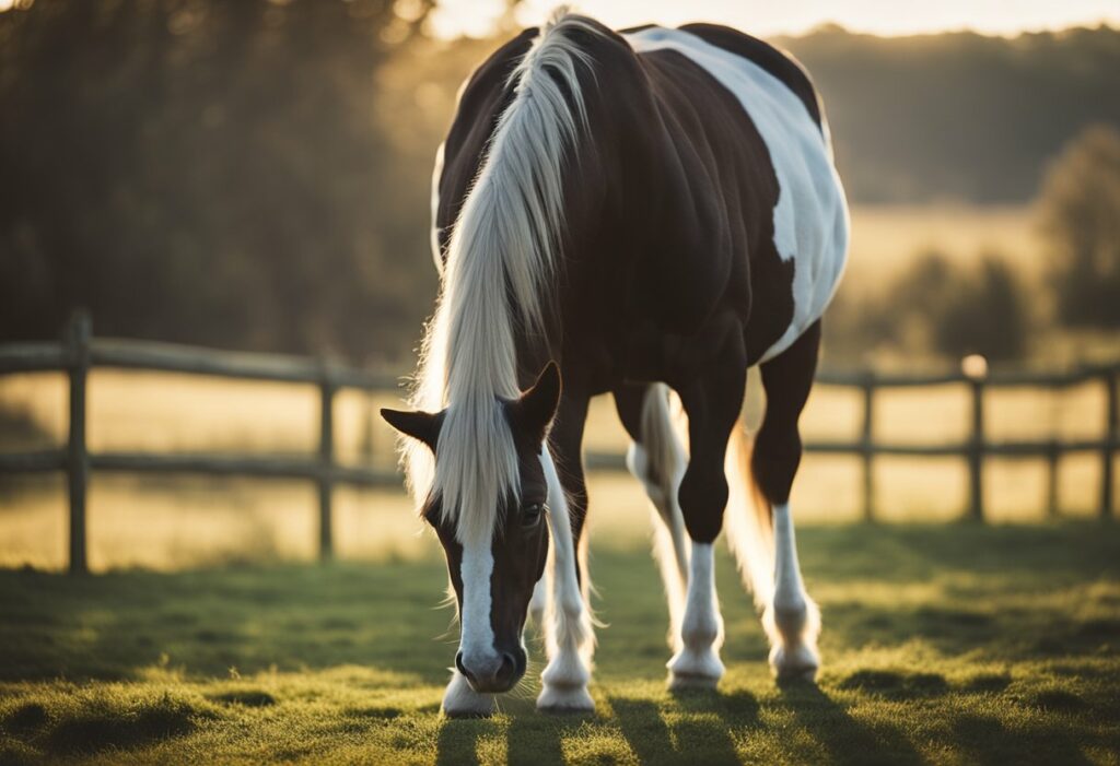 Horse grazing on grass at sunrise