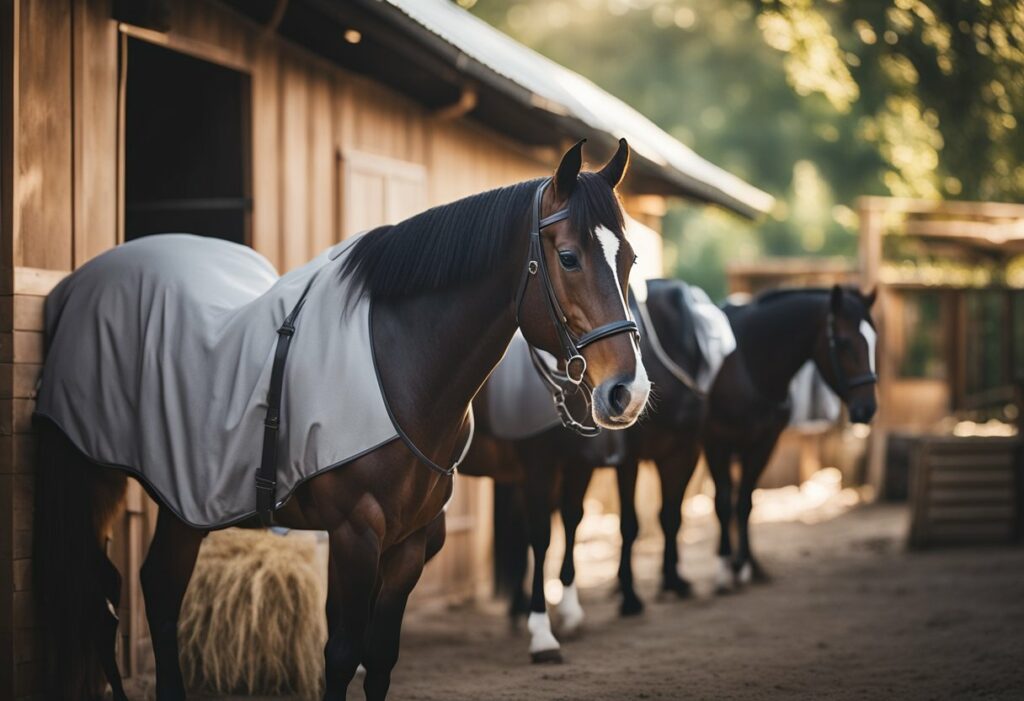 horses wait outside for stable cleaning to finish