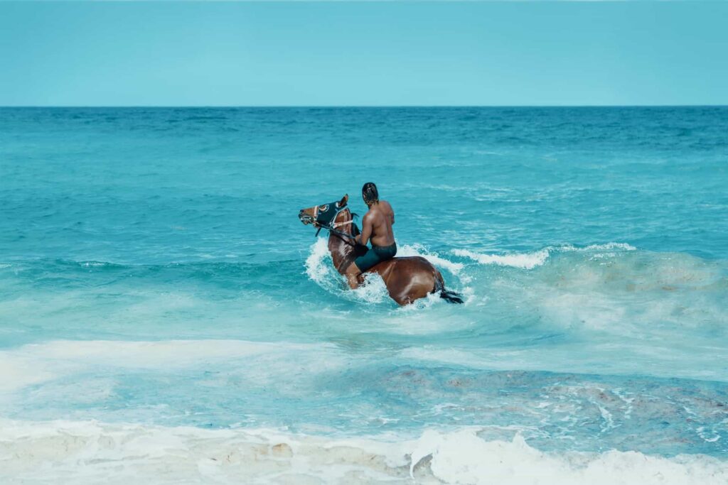 Man riding on brown horse in ocean water