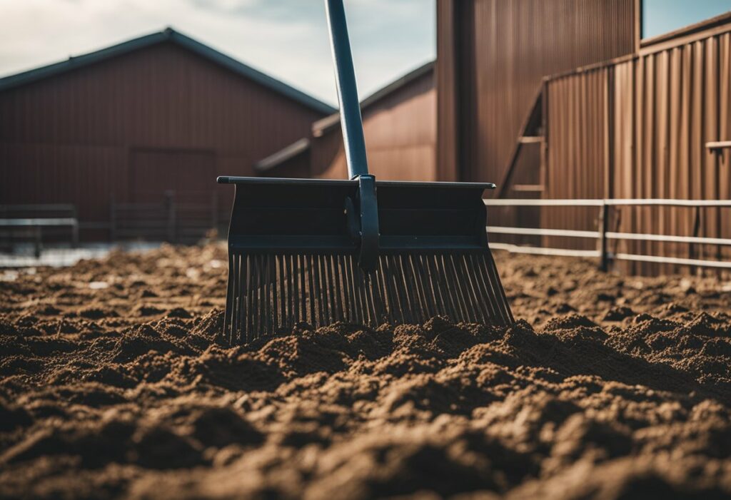 using manure fork to clean a stable