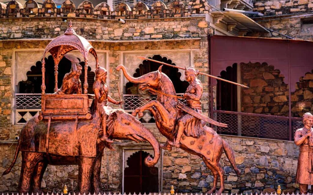 Maharana pratap bronze statue sitting on horse Chetak depicting iconic Battle of Haldi ghati at Rajasthan India
