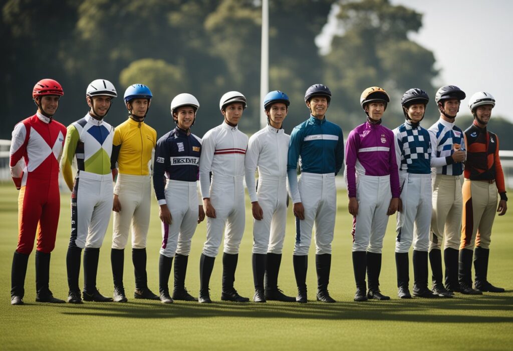 Racing jockeys standing in a row to compare heights