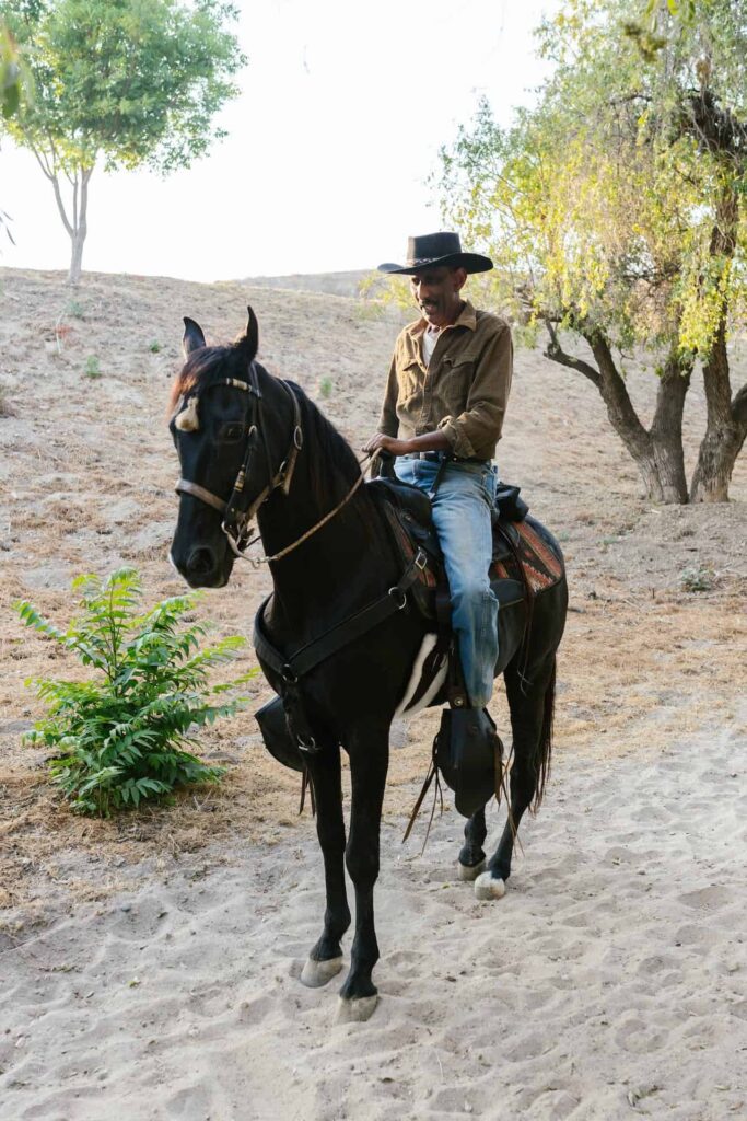 A cowboy riding a black horse