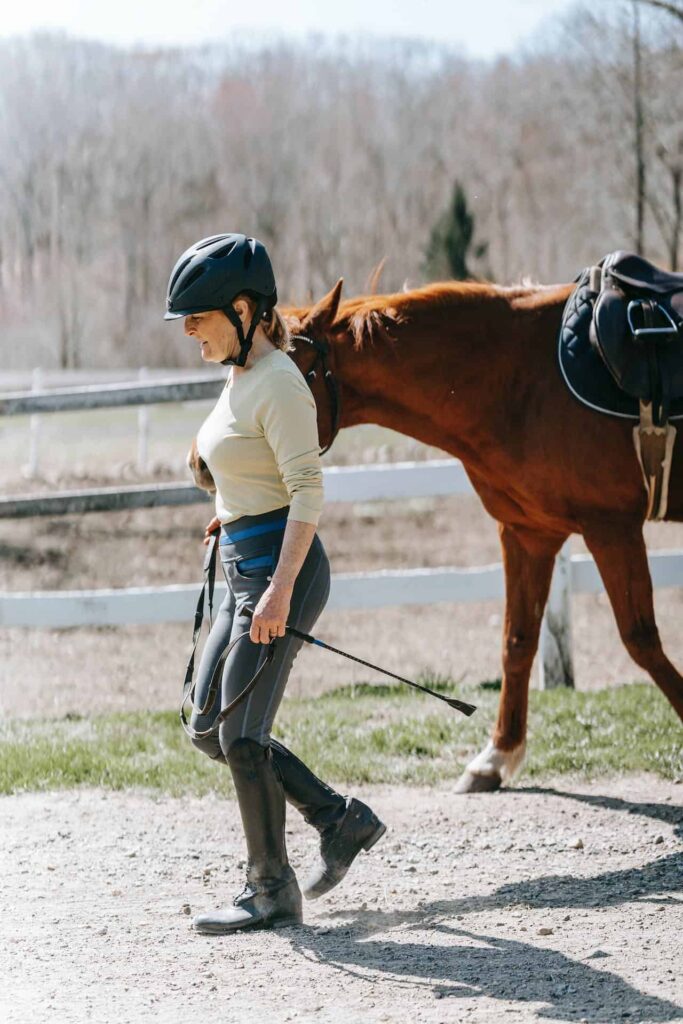 Horse trainer leading horse to bonding exercise