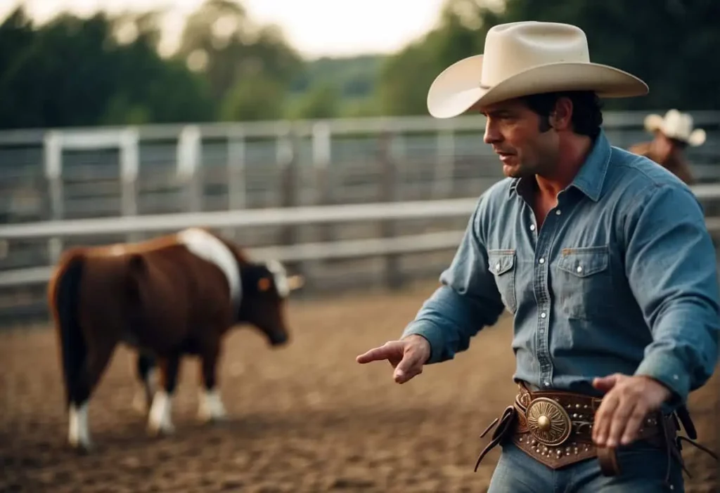 A cowboy mentally prepares to wrestle a steer, focusing on strategy and technique before making his move