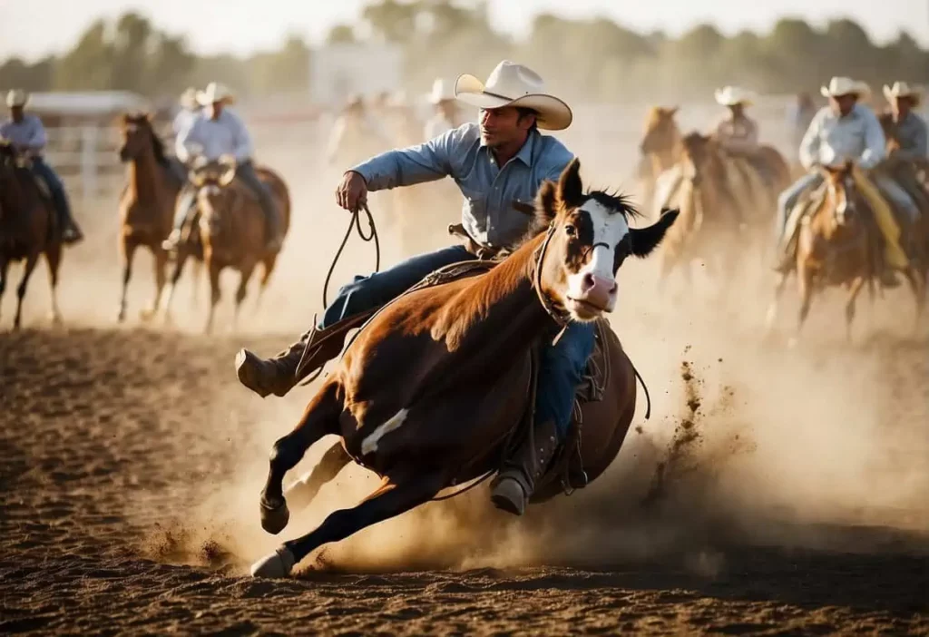 A cowboy swiftly tackles a steer to the ground in a dusty rodeo arena