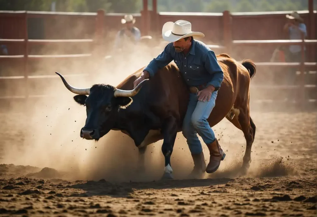 A cowboy wrestles a steer to the ground in a dusty rodeo arena
