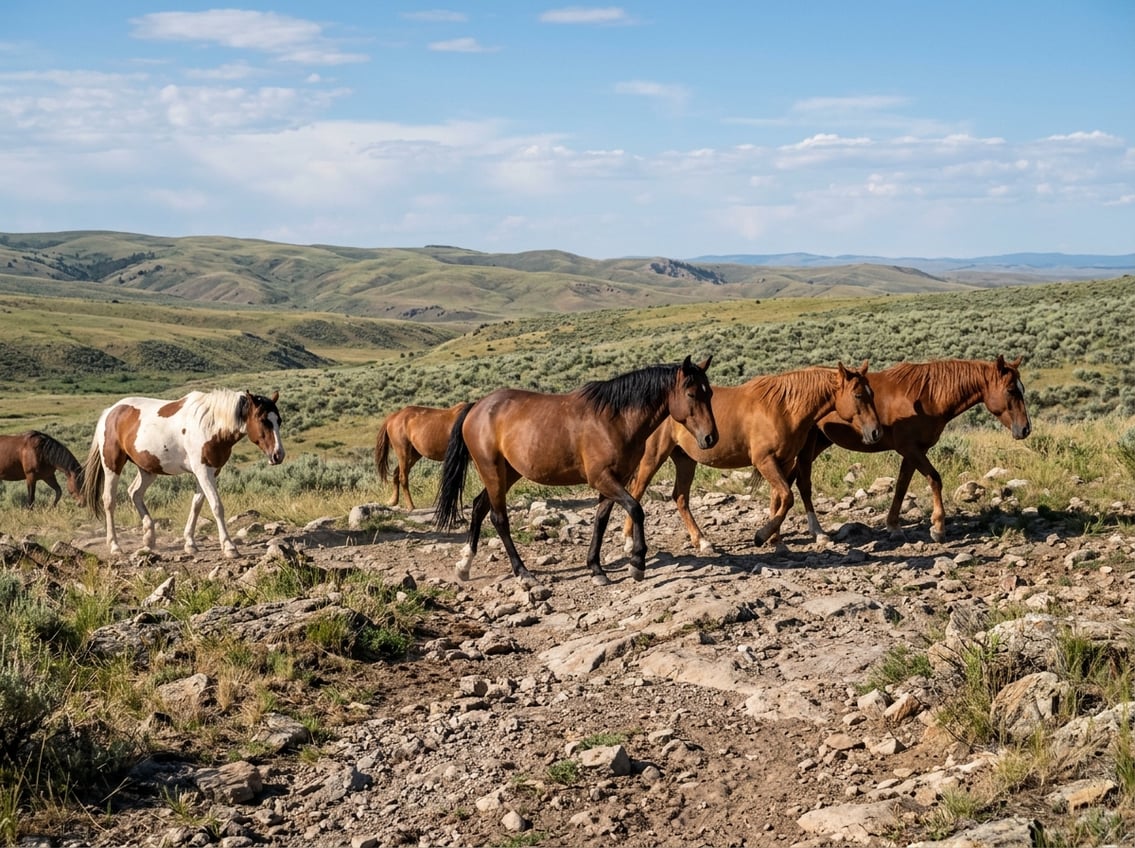 Wild horses walking on rocky terrain in an open grassland with hills in the background.