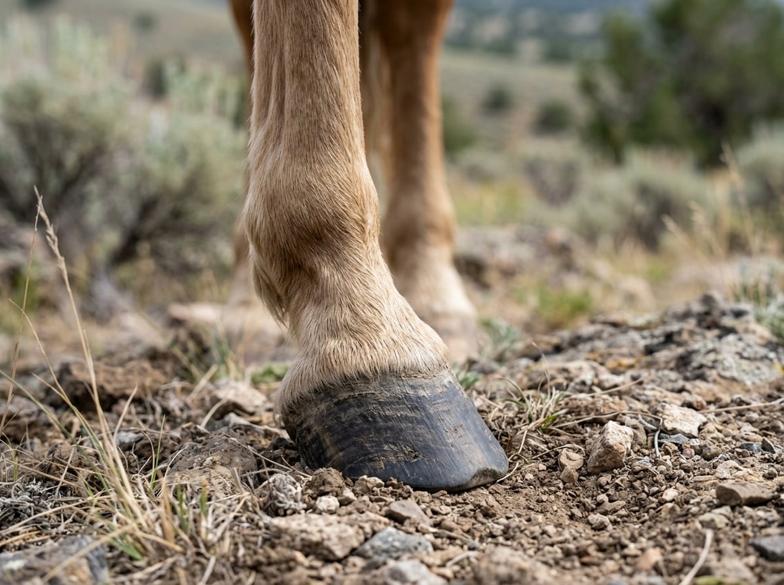 Close-up of a wild horse's front hoof standing on rocky ground, showing a healthy, naturally trimmed hoof and part of the lower leg.