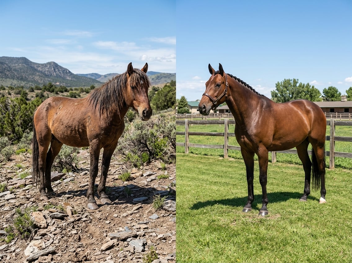 A wild horse standing on rocky ground with naturally worn hooves next to a domestic horse on grass with neatly trimmed hooves.